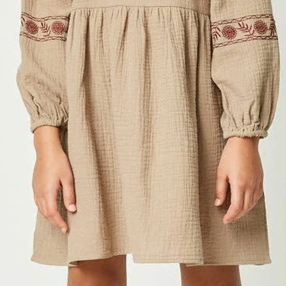 HAYDEN Taffy Khaki Woven Midi Dress Featuring Red Embroidery Large